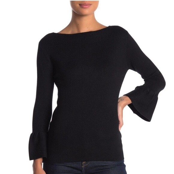 Sugarlips Luna Ruffle Cuff Long Bell Sleeve Shirt Black Top Sz M / L Boatneck - Picture 8 of 9